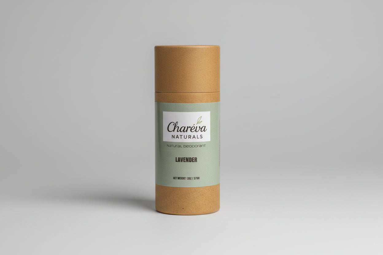 Charieva Naturals deodorant stick with a plant and decorative stones on a dark background