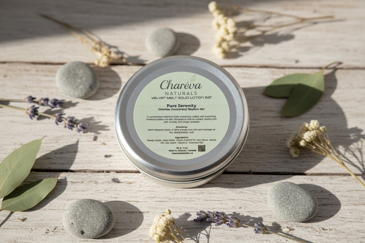 Tin of Charéva Naturals Pure Serenity soap on a wooden surface with stones and lavender.