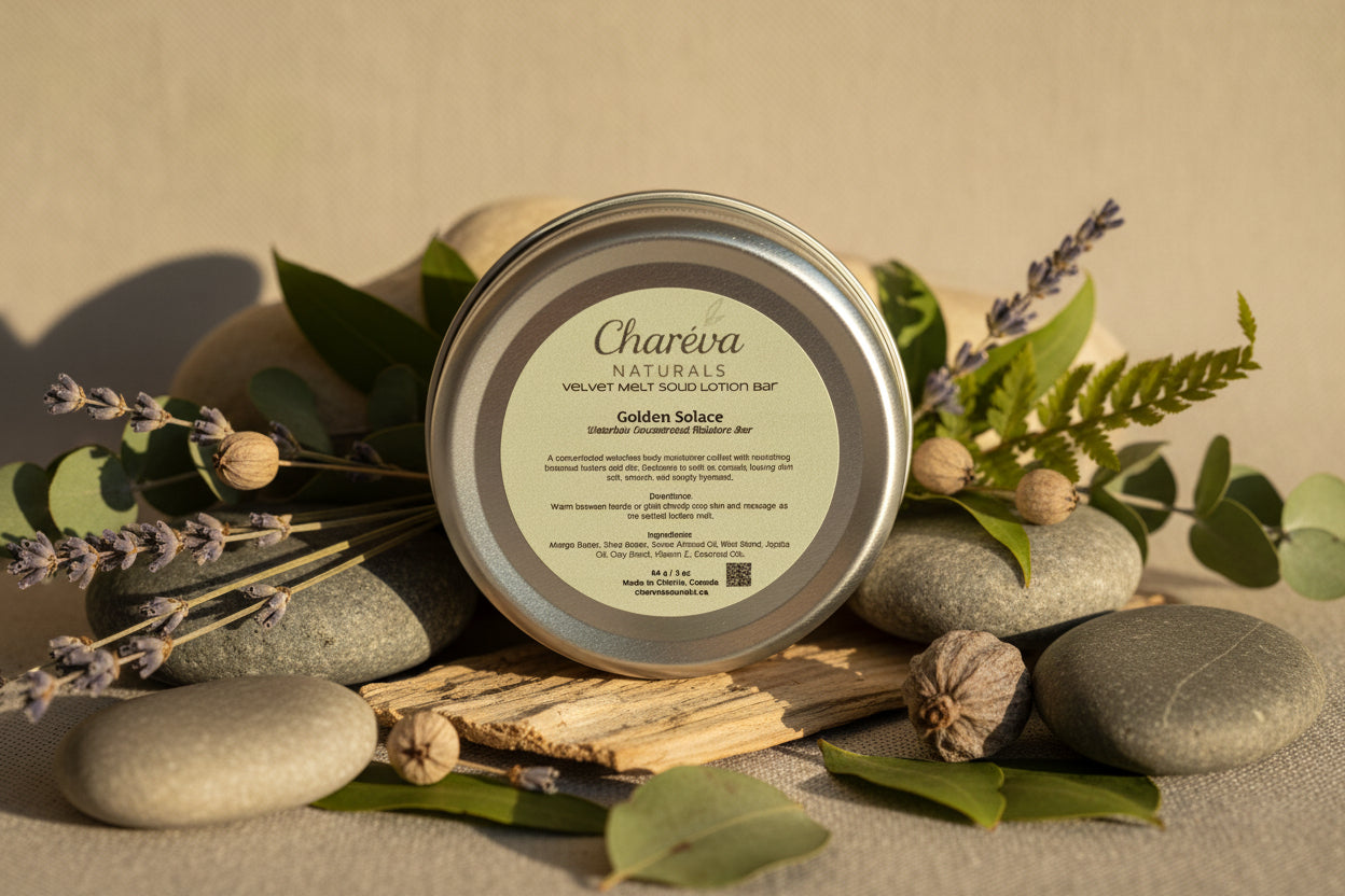 Tin of Charvea Naturals Golden Solace lotion bar with lavender and eucalyptus on a stone surface
