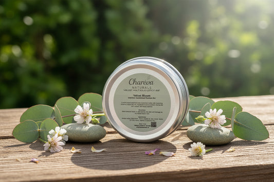 Chareva Naturals product on a wooden surface with greenery in the background