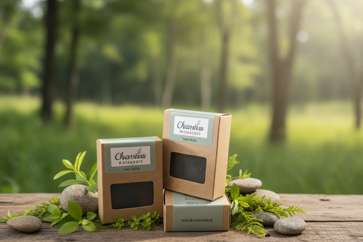 Three small cardboard boxes with 'Charèva' branding on a wooden surface with towels in the background