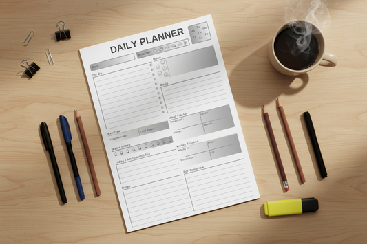 Daily planner with various sections for tasks, mood, goals, exercise, meal tracking, and notes.