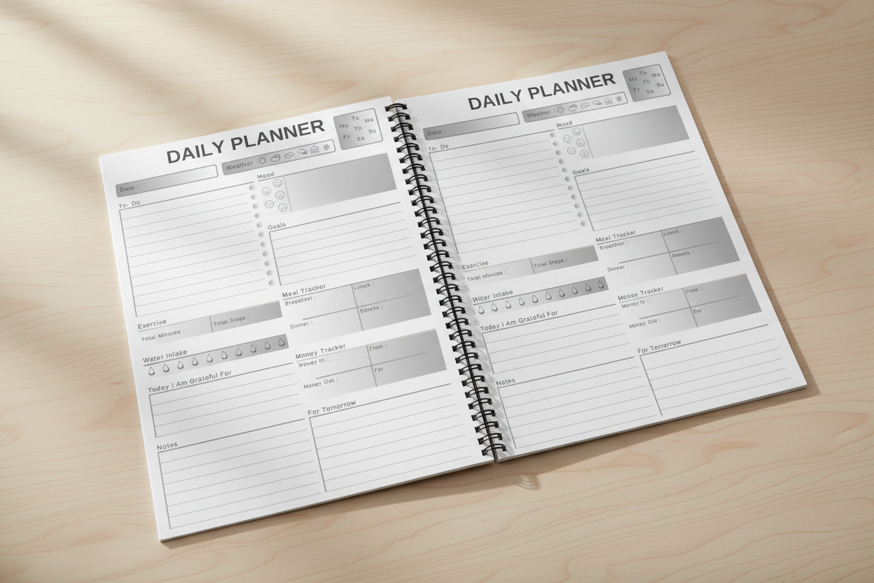 Daily planner with various sections for tasks, mood, goals, exercise, meal tracking, and notes.