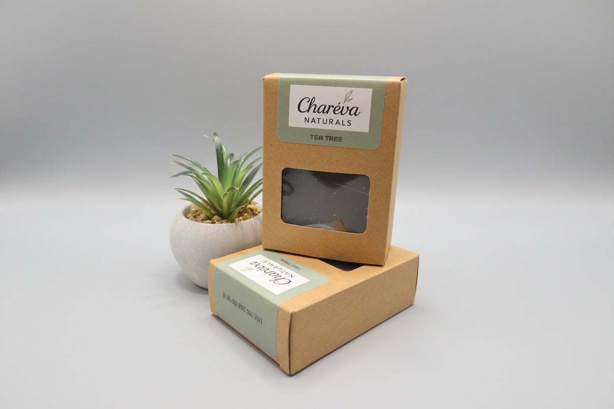 Charéva charcoal soap bar ingredients — botanical herbs and activated charcoal, no synthetic detergents