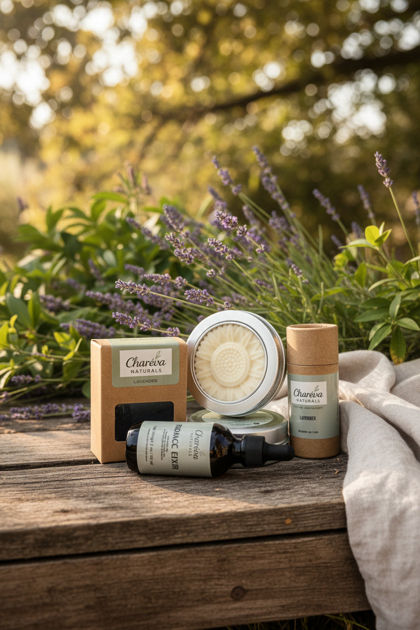 Collection of Charèva Naturals skincare products in a natural setting