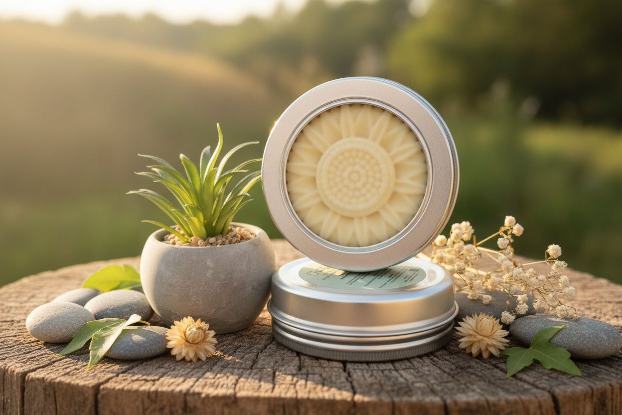 Round Solid Lotion Bar in a silver container on a wooden surface with natural elements