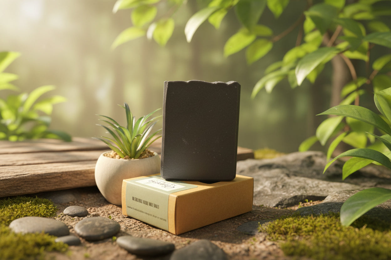 Charcoal Soap on a cardboard box with Chareva branding, against a natural setting background