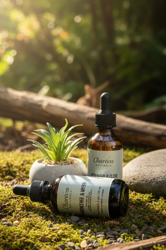 Two bottles of Chariva skincare products on a natural background with greenery.