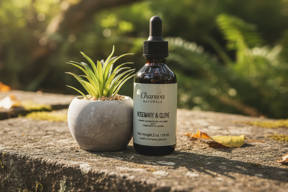 Bottle of Charéva Naturals Rosemary & Clove product with a dropper next to a small potted plant on a textured surface.