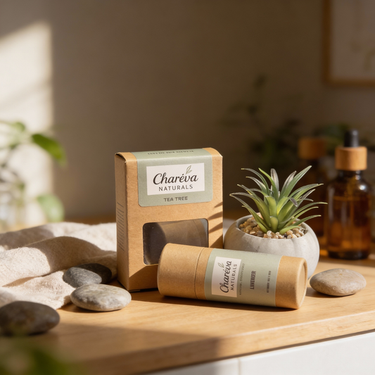 Charéva Naturals products on a wooden surface with a plant and stones.